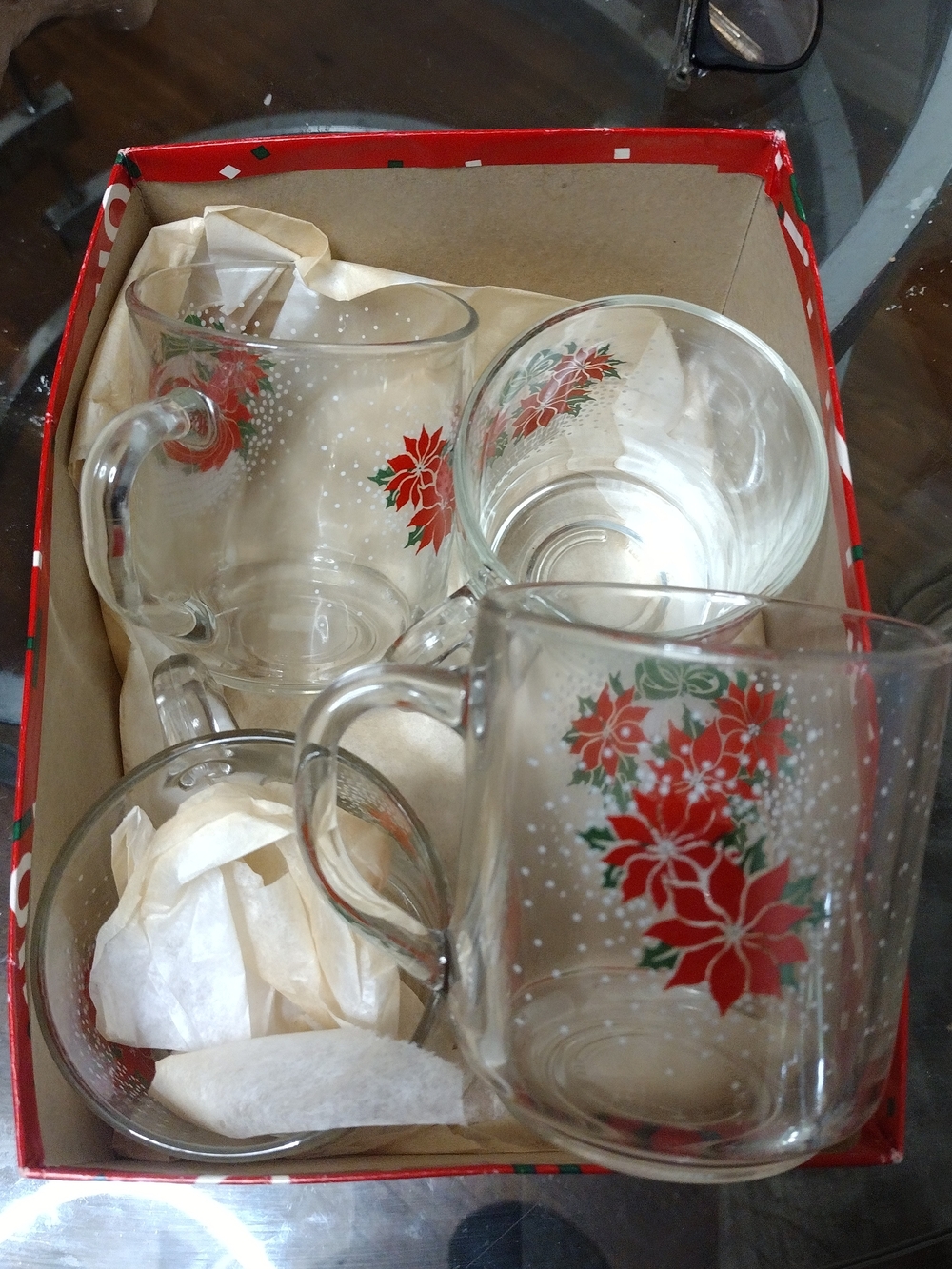 Clear Glass Holiday Mugs with Red Poinsettia Design (Set of 4)